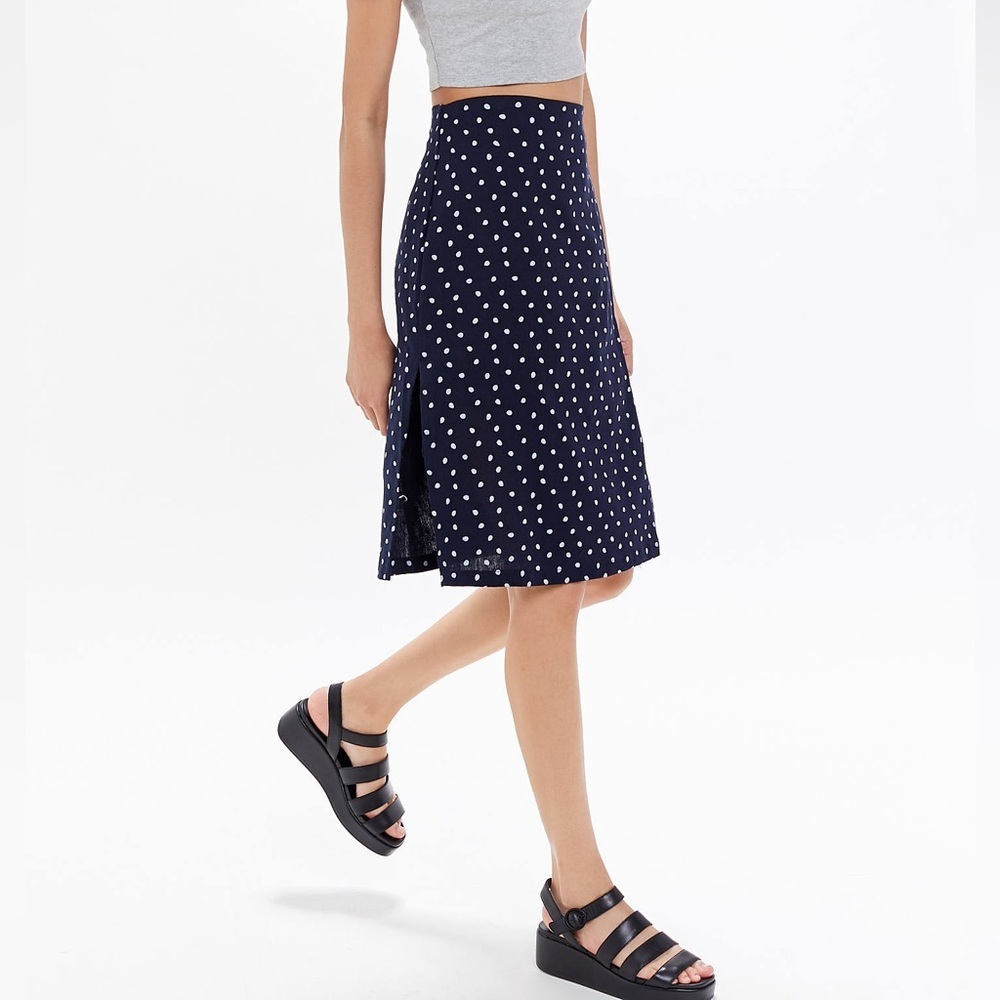 MINKPINK | Pip Polka Dot Midi Skirt | Navy Blue | Size L - Picture 2 of 16